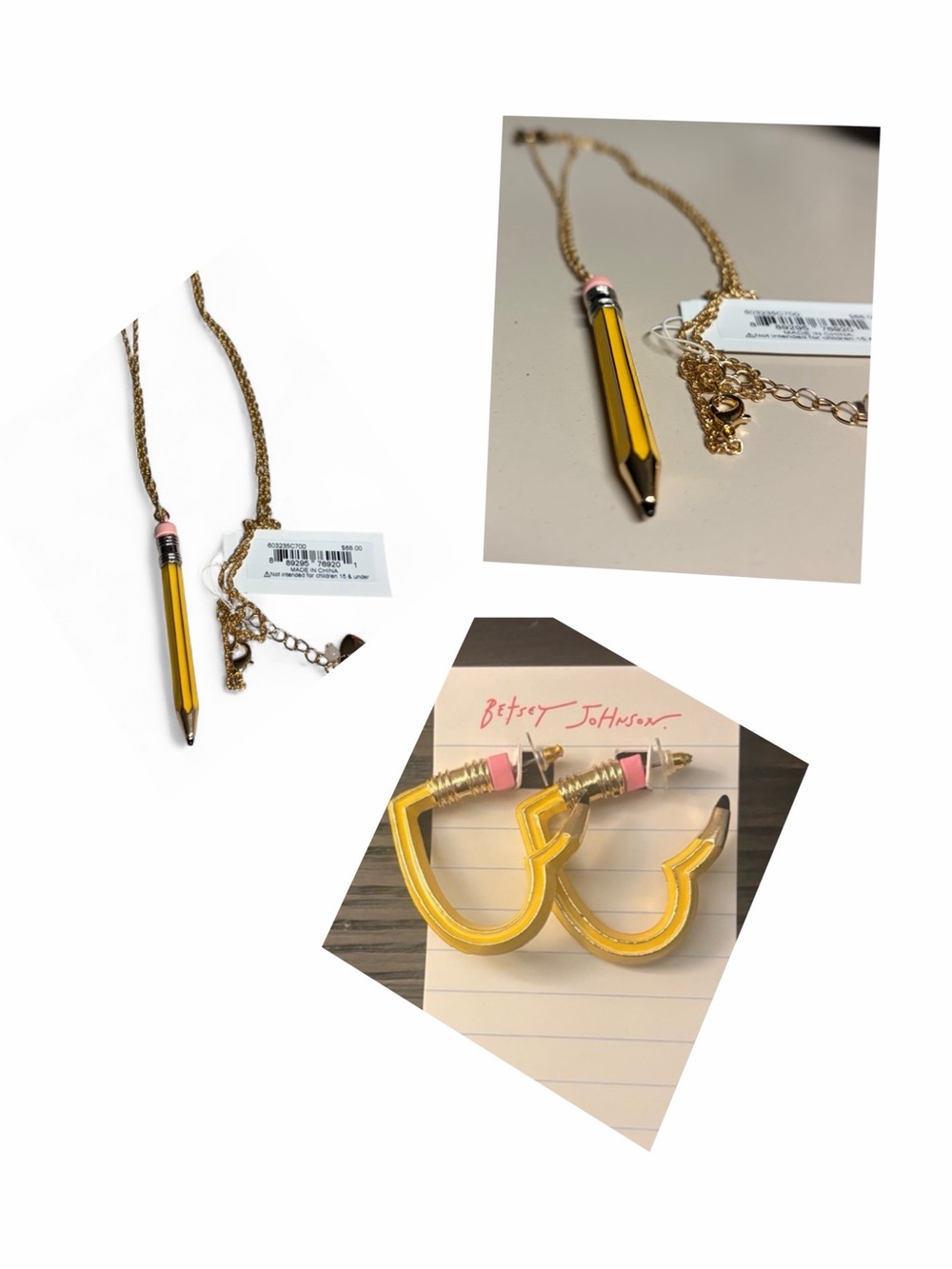 Betsey Johnson Yellow Pencil Necklace and Pencil Heart-Shaped Hoop Earrings